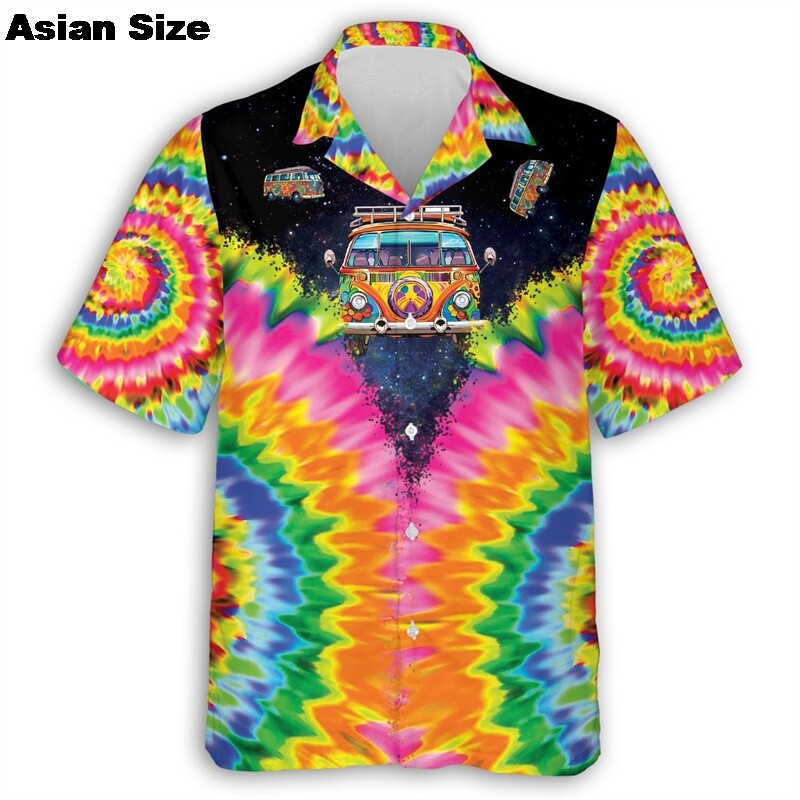 Spalvingi hipių autobusų automobiliai vyriški vasariniai taikos ir meilės spausdinti mygtukai minkšta, kvėpuojanti krūtinės kišenė, laisvalaikio havajietiški marškiniai, vyriški viršutiniai drabužiai