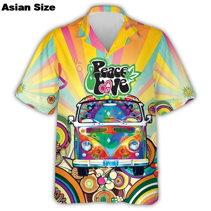 Spalvingi hipių autobusų automobiliai vyriški vasariniai taikos ir meilės spausdinti mygtukai minkšta, kvėpuojanti krūtinės kišenė, laisvalaikio havajietiški marškiniai, vyriški viršutiniai drabužiai