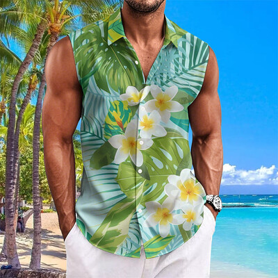 Pludmales ziedu apdrukas vīriešu krekli Vasaras ikdienas krekls bez piedurknēm Atloks Modes unisex apģērbi Lielizmēra havajiešu krekli vīriešiem