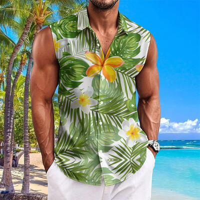 Pludmales ziedu apdrukas vīriešu krekli Vasaras ikdienas krekls bez piedurknēm Atloks Modes unisex apģērbi Lielizmēra havajiešu krekli vīriešiem