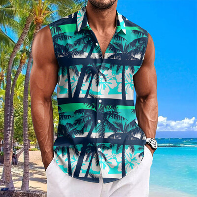 Pludmales ziedu apdrukas vīriešu krekli Vasaras ikdienas krekls bez piedurknēm Atloks Modes unisex apģērbi Lielizmēra havajiešu krekli vīriešiem