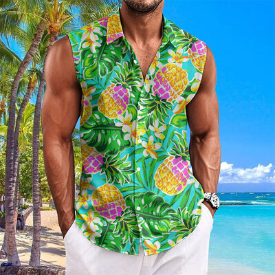 Pludmales ziedu apdrukas vīriešu krekli Vasaras ikdienas krekls bez piedurknēm Atloks Modes unisex apģērbi Lielizmēra havajiešu krekli vīriešiem