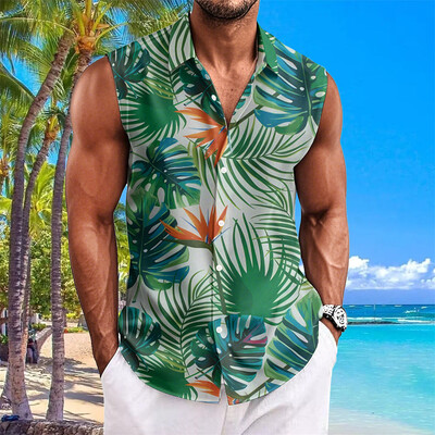 Pludmales ziedu apdrukas vīriešu krekli Vasaras ikdienas krekls bez piedurknēm Atloks Modes unisex apģērbi Lielizmēra havajiešu krekli vīriešiem