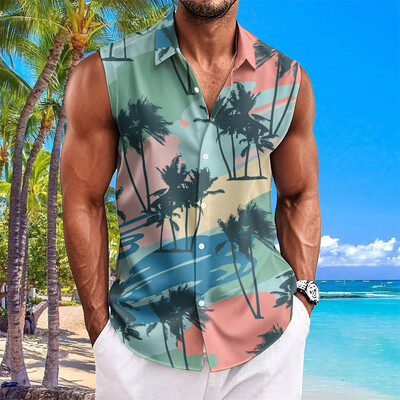 Pludmales ziedu apdrukas vīriešu krekli Vasaras ikdienas krekls bez piedurknēm Atloks Modes unisex apģērbi Lielizmēra havajiešu krekli vīriešiem