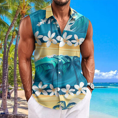 Pludmales ziedu apdrukas vīriešu krekli Vasaras ikdienas krekls bez piedurknēm Atloks Modes unisex apģērbi Lielizmēra havajiešu krekli vīriešiem