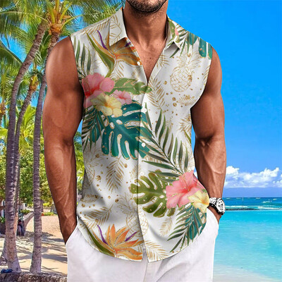 Pludmales ziedu apdrukas vīriešu krekli Vasaras ikdienas krekls bez piedurknēm Atloks Modes unisex apģērbi Lielizmēra havajiešu krekli vīriešiem
