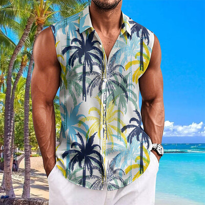 Pludmales ziedu apdrukas vīriešu krekli Vasaras ikdienas krekls bez piedurknēm Atloks Modes unisex apģērbi Lielizmēra havajiešu krekli vīriešiem