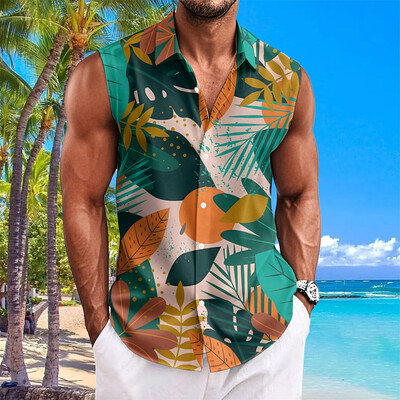 Pludmales ziedu apdrukas vīriešu krekli Vasaras ikdienas krekls bez piedurknēm Atloks Modes unisex apģērbi Lielizmēra havajiešu krekli vīriešiem