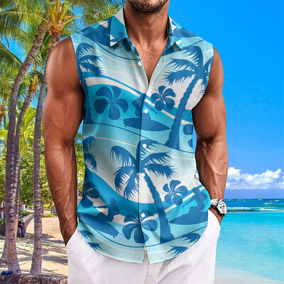 Pludmales ziedu apdrukas vīriešu krekli Vasaras ikdienas krekls bez piedurknēm Atloks Modes unisex apģērbi Lielizmēra havajiešu krekli vīriešiem