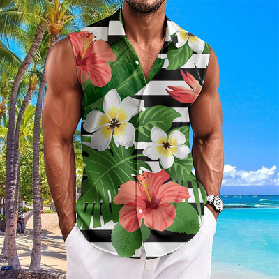 Pludmales ziedu apdrukas vīriešu krekli Vasaras ikdienas krekls bez piedurknēm Atloks Modes unisex apģērbi Lielizmēra havajiešu krekli vīriešiem