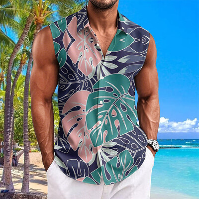 Pludmales ziedu apdrukas vīriešu krekli Vasaras ikdienas krekls bez piedurknēm Atloks Modes unisex apģērbi Lielizmēra havajiešu krekli vīriešiem