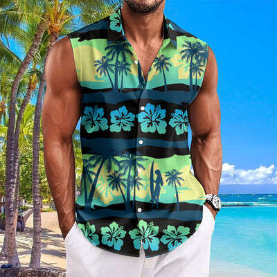 Pludmales ziedu apdrukas vīriešu krekli Vasaras ikdienas krekls bez piedurknēm Atloks Modes unisex apģērbi Lielizmēra havajiešu krekli vīriešiem