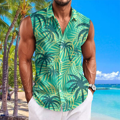 Pludmales ziedu apdrukas vīriešu krekli Vasaras ikdienas krekls bez piedurknēm Atloks Modes unisex apģērbi Lielizmēra havajiešu krekli vīriešiem