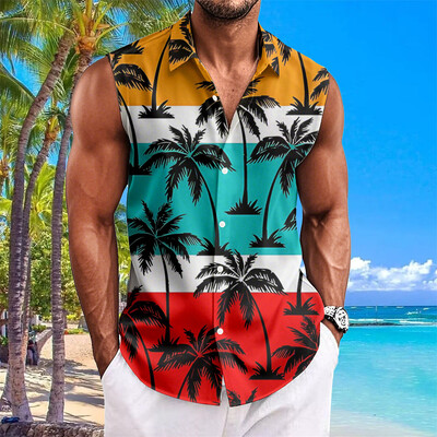 Pludmales ziedu apdrukas vīriešu krekli Vasaras ikdienas krekls bez piedurknēm Atloks Modes unisex apģērbi Lielizmēra havajiešu krekli vīriešiem