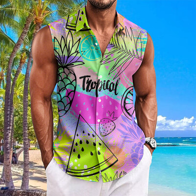 Pludmales ziedu apdrukas vīriešu krekli Vasaras ikdienas krekls bez piedurknēm Atloks Modes unisex apģērbi Lielizmēra havajiešu krekli vīriešiem