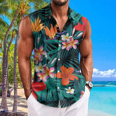 Pludmales ziedu apdrukas vīriešu krekli Vasaras ikdienas krekls bez piedurknēm Atloks Modes unisex apģērbi Lielizmēra havajiešu krekli vīriešiem