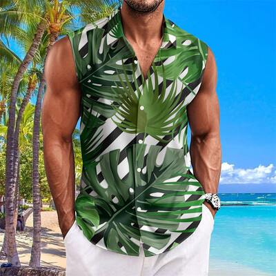 Pludmales ziedu apdrukas vīriešu krekli Vasaras ikdienas krekls bez piedurknēm Atloks Modes unisex apģērbi Lielizmēra havajiešu krekli vīriešiem