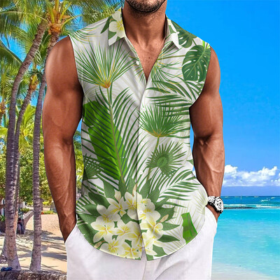 Pludmales ziedu apdrukas vīriešu krekli Vasaras ikdienas krekls bez piedurknēm Atloks Modes unisex apģērbi Lielizmēra havajiešu krekli vīriešiem