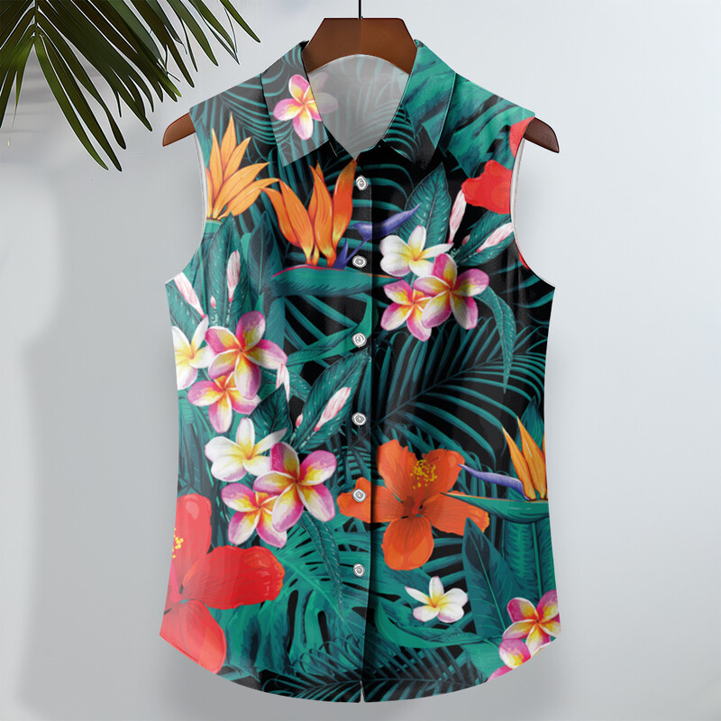 Pludmales ziedu apdrukas vīriešu krekli Vasaras ikdienas krekls bez piedurknēm Atloks Modes unisex apģērbi Lielizmēra havajiešu krekli vīriešiem