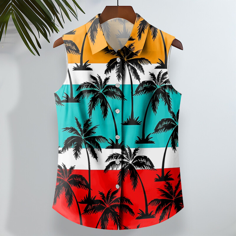 Pludmales ziedu apdrukas vīriešu krekli Vasaras ikdienas krekls bez piedurknēm Atloks Modes unisex apģērbi Lielizmēra havajiešu krekli vīriešiem