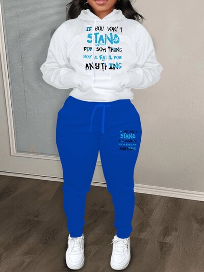 Didelio dydžio rudens ir žiemos laiškų spausdinimo spalvoto bloko megztinių su gobtuvu komplektas kasdienis laisvalaikio ilgomis rankovėmis moteriškas sportinio kostiumo rinkinys