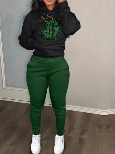 Didelio dydžio rudens ir žiemos laiškų spausdinimo spalvoto bloko megztinių su gobtuvu komplektas kasdienis laisvalaikio ilgomis rankovėmis moteriškas sportinio kostiumo rinkinys