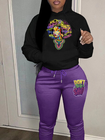 Didelio dydžio rudens ir žiemos laiškų spausdinimo spalvoto bloko megztinių su gobtuvu komplektas kasdienis laisvalaikio ilgomis rankovėmis moteriškas sportinio kostiumo rinkinys