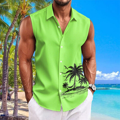 Havaju krekli vīriešiem ar kokosriekstu koku apdruku Vienkāršs modes vīriešu apģērbs Lielizmēra krekli bez piedurknēm augšējā atloka T-krekls vīriešu krekls