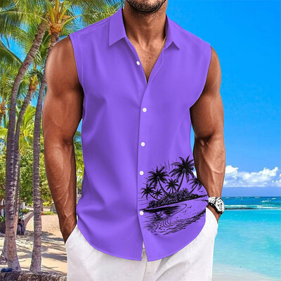 Havaju krekli vīriešiem ar kokosriekstu koku apdruku Vienkāršs modes vīriešu apģērbs Lielizmēra krekli bez piedurknēm augšējā atloka T-krekls vīriešu krekls