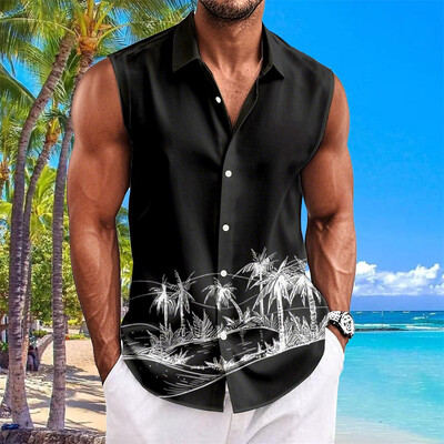 Havaju krekli vīriešiem ar kokosriekstu koku apdruku Vienkāršs modes vīriešu apģērbs Lielizmēra krekli bez piedurknēm augšējā atloka T-krekls vīriešu krekls