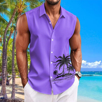 Havaju krekli vīriešiem ar kokosriekstu koku apdruku Vienkāršs modes vīriešu apģērbs Lielizmēra krekli bez piedurknēm augšējā atloka T-krekls vīriešu krekls