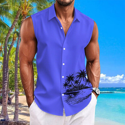 Havaju krekli vīriešiem ar kokosriekstu koku apdruku Vienkāršs modes vīriešu apģērbs Lielizmēra krekli bez piedurknēm augšējā atloka T-krekls vīriešu krekls