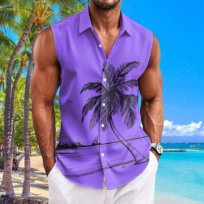 Havaju krekli vīriešiem ar kokosriekstu koku apdruku Vienkāršs modes vīriešu apģērbs Lielizmēra krekli bez piedurknēm augšējā atloka T-krekls vīriešu krekls