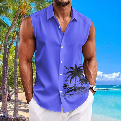 Havaju krekli vīriešiem ar kokosriekstu koku apdruku Vienkāršs modes vīriešu apģērbs Lielizmēra krekli bez piedurknēm augšējā atloka T-krekls vīriešu krekls