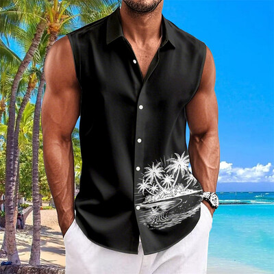 Havaju krekli vīriešiem ar kokosriekstu koku apdruku Vienkāršs modes vīriešu apģērbs Lielizmēra krekli bez piedurknēm augšējā atloka T-krekls vīriešu krekls