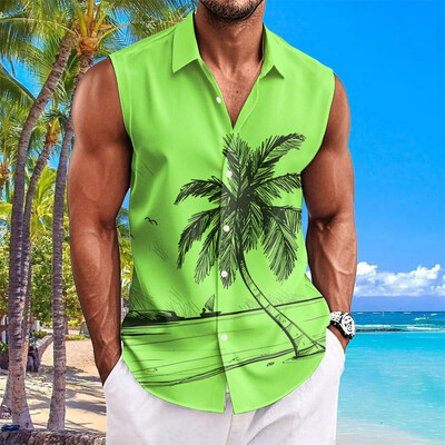 Havaju krekli vīriešiem ar kokosriekstu koku apdruku Vienkāršs modes vīriešu apģērbs Lielizmēra krekli bez piedurknēm augšējā atloka T-krekls vīriešu krekls