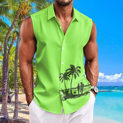 Havaju krekli vīriešiem ar kokosriekstu koku apdruku Vienkāršs modes vīriešu apģērbs Lielizmēra krekli bez piedurknēm augšējā atloka T-krekls vīriešu krekls