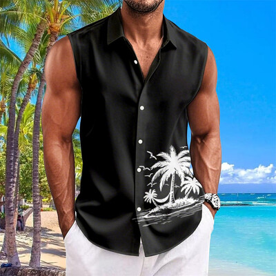 Havaju krekli vīriešiem ar kokosriekstu koku apdruku Vienkāršs modes vīriešu apģērbs Lielizmēra krekli bez piedurknēm augšējā atloka T-krekls vīriešu krekls