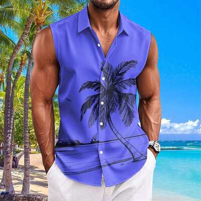 Havaju krekli vīriešiem ar kokosriekstu koku apdruku Vienkāršs modes vīriešu apģērbs Lielizmēra krekli bez piedurknēm augšējā atloka T-krekls vīriešu krekls