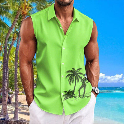 Havaju krekli vīriešiem ar kokosriekstu koku apdruku Vienkāršs modes vīriešu apģērbs Lielizmēra krekli bez piedurknēm augšējā atloka T-krekls vīriešu krekls