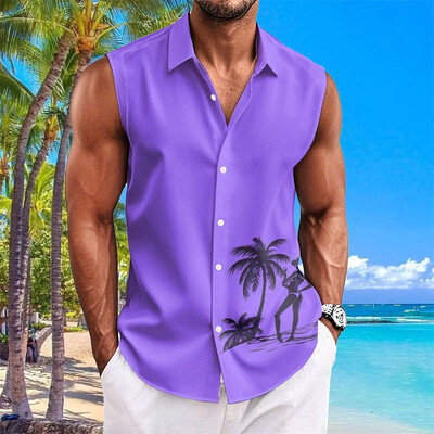 Havaju krekli vīriešiem ar kokosriekstu koku apdruku Vienkāršs modes vīriešu apģērbs Lielizmēra krekli bez piedurknēm augšējā atloka T-krekls vīriešu krekls