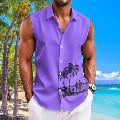 Havaju krekli vīriešiem ar kokosriekstu koku apdruku Vienkāršs modes vīriešu apģērbs Lielizmēra krekli bez piedurknēm augšējā atloka T-krekls vīriešu krekls