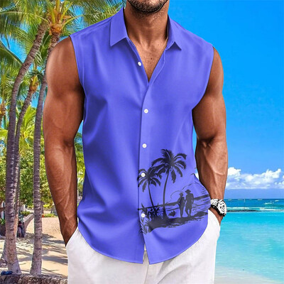 Havaju krekli vīriešiem ar kokosriekstu koku apdruku Vienkāršs modes vīriešu apģērbs Lielizmēra krekli bez piedurknēm augšējā atloka T-krekls vīriešu krekls