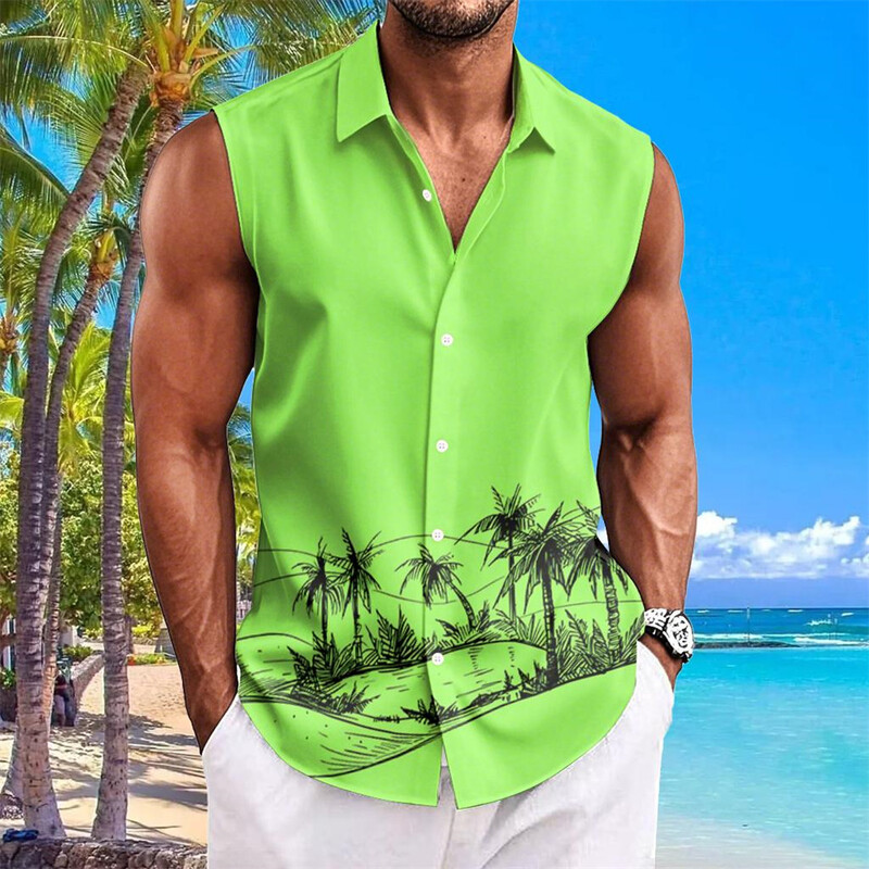 Havaju krekli vīriešiem ar kokosriekstu koku apdruku Vienkāršs modes vīriešu apģērbs Lielizmēra krekli bez piedurknēm augšējā atloka T-krekls vīriešu krekls