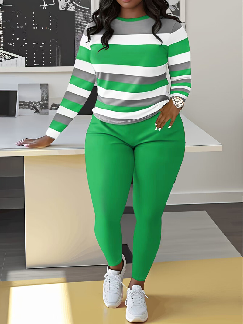 2025 m. pavasaris ir ruduo Cross border Moteriška spalvota juostele, apvaliu kaklu, ilgomis rankovėmis, skaitmeniniu spausdinimu, laisvalaikio dviejų dalių rinkinys