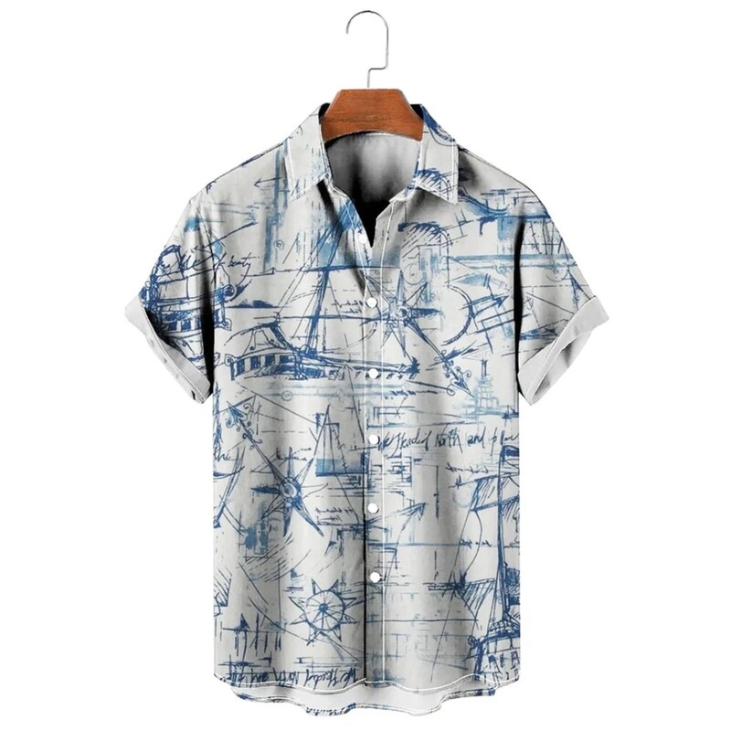 Retro Harajuku Blue Space War Planet Robot Trumpi havajietiški laisvalaikio marškinėliai su spausdintais vintažiniais gėlėmis stilingais vyriškais drabužiais