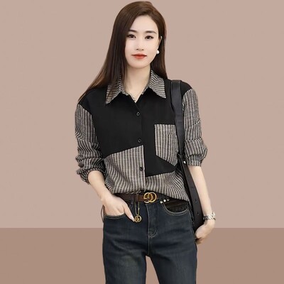 2025 m. pavasario ir rudens laisvalaikio moteriški marškiniai Moteriški maži, populiarūs marškinėliai su sagomis, dryžuoti apatiniai Visiems tinkantys elegantiški marškiniai