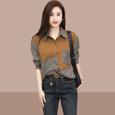 2025 m. pavasario ir rudens laisvalaikio moteriški marškiniai Moteriški maži, populiarūs marškinėliai su sagomis, dryžuoti apatiniai Visiems tinkantys elegantiški marškiniai