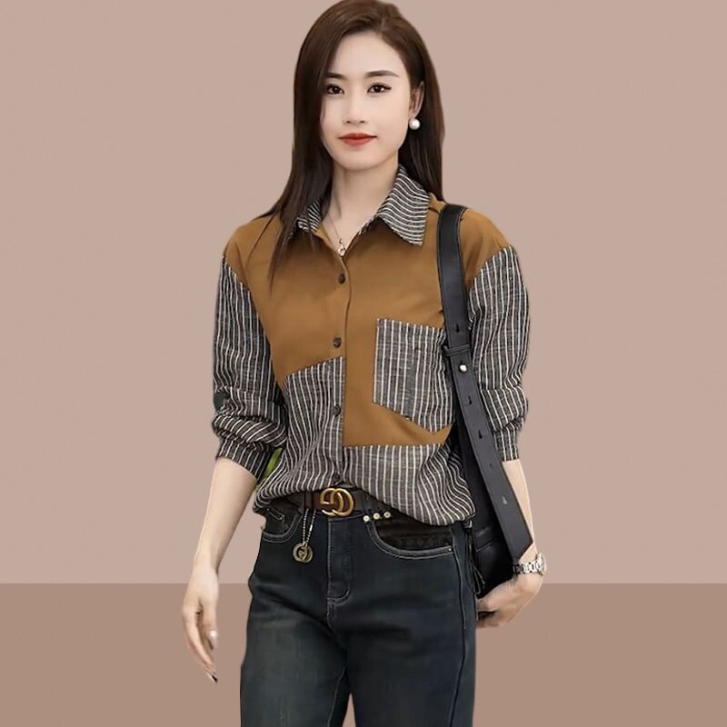 2025 m. pavasario ir rudens laisvalaikio moteriški marškiniai Moteriški maži, populiarūs marškinėliai su sagomis, dryžuoti apatiniai Visiems tinkantys elegantiški marškiniai