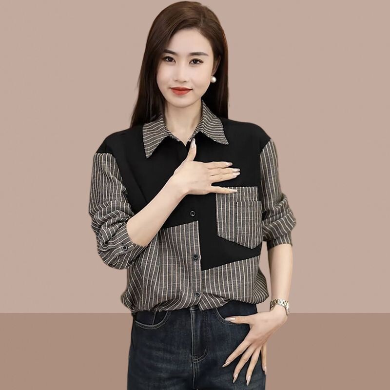 2025 m. pavasario ir rudens laisvalaikio moteriški marškiniai Moteriški maži, populiarūs marškinėliai su sagomis, dryžuoti apatiniai Visiems tinkantys elegantiški marškiniai